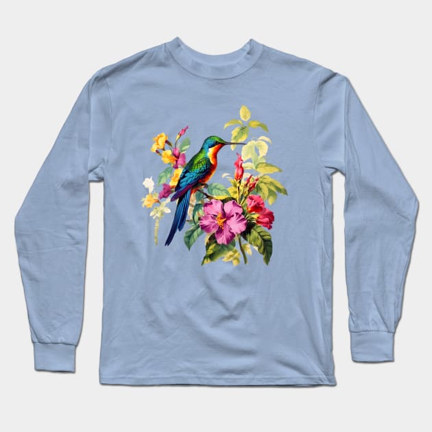 Vintage Hummingbird Illustration Backyard Bird Watchers Long Sleeve T-Shirt by Pine Hill Goods